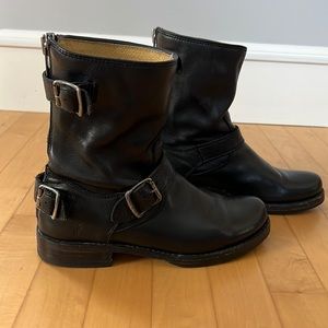 Edgy classics,Frye black moto boots, broken in but in great condition
